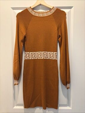 Long-Sleeve Rust Knit Dress with White Greek Key Accents